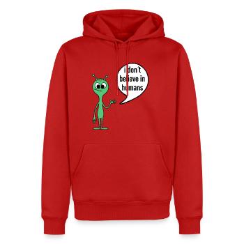 Alien Spruch I don’t believe in humans - Männer Premium Bio Hoodie - Rot - Vorne - Nico (187cm)