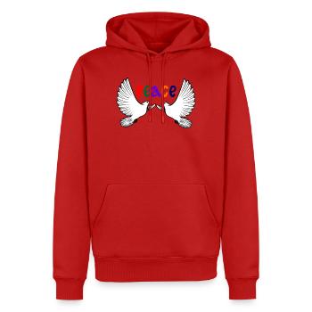 Zwei weiße Friedenstauben mit farbigem Text PEACE - Männer Premium Bio Hoodie - Rot - Vorne - Nico (187cm)
