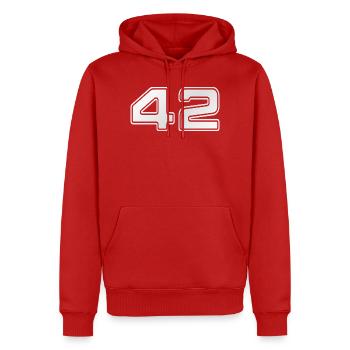 NERDY forever - 42 - Männer Premium Bio Hoodie - Rot - Vorne - Nico (187cm)