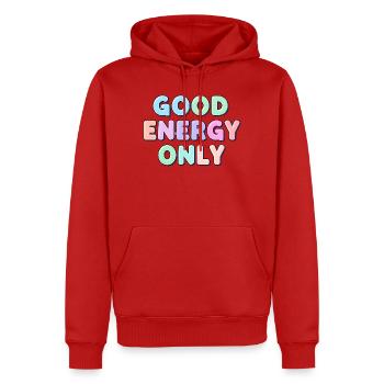 Good Energy Only für Positive Menschen Shirt  - Männer Premium Bio Hoodie - Rot - Vorne - Nico (187cm)