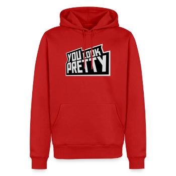 Tu as l’air assez drôle, complément Logo de l’amour de soi - Sweat à capuche Premium bio Homme - rouge - Devant - Nico (187cm)