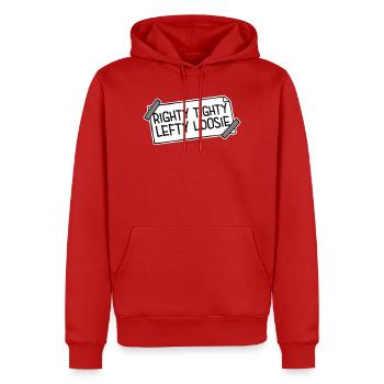 Righty Tighty Lefty Loosie Funny DIY Logo - Men’s Premium Organic Hoodie - red - Front - Nico (187cm)