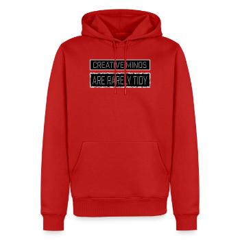 Les esprits créatifs sont rarement bien rangés Logo créatif drôle - Sweat à capuche Premium bio Homme - rouge - Devant - Nico (187cm)
