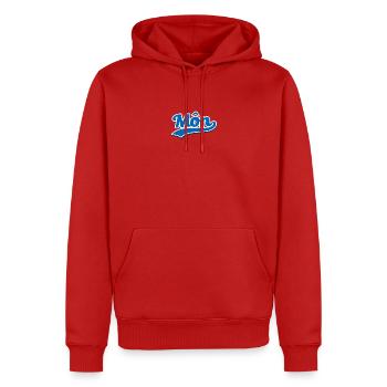 Mon Wave Script Logo - Men’s Premium Organic Hoodie - red - Front - Nico (187cm)