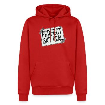 Perfect isn't real Perfekt Gibt Es Nicht Logo Text - Männer Premium Bio Hoodie - Rot - Vorne - Nico (187cm)