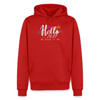 Hello 2027 Be Good To Me - Männer Premium Bio Hoodie - Rot - Vorne - Nico (187cm)