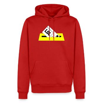 Postkarte - Männer Premium Bio Hoodie - Rot - Vorne - Nico (187cm)