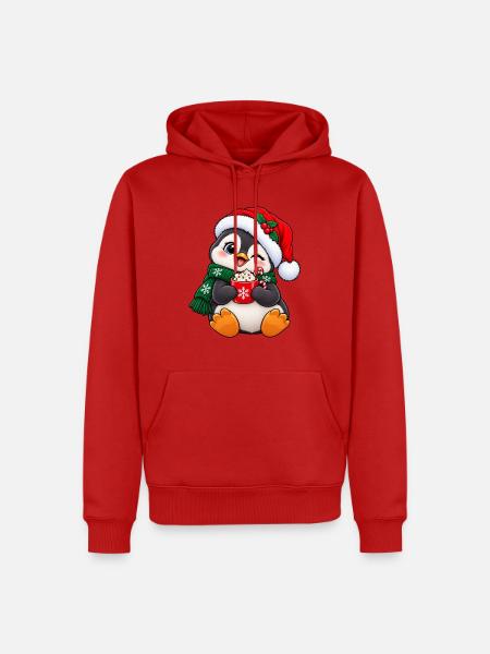 Süßer Pinguin mit Weihnachtsmütze & Kakao - Männer Premium Bio Hoodie - Rot