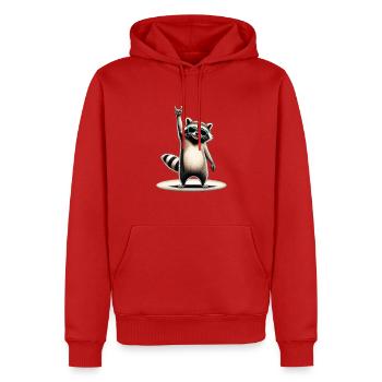 Raccoon Rocker mit Sonnenbrille - Männer Premium Bio Hoodie - Rot - Vorne - Nico (187cm)