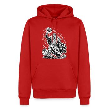 Thor – Donnergott im mystischen Sturm - Männer Premium Bio Hoodie - Rot - Vorne - Nico (187cm)