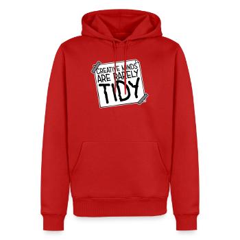 Les esprits créatifs sont rarement bien rangés Logo créatif drôle - Sweat à capuche Premium bio Homme - rouge - Devant - Nico (187cm)