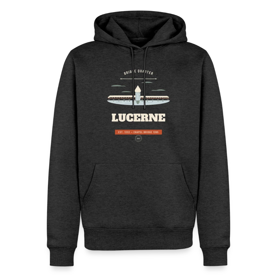 Lucerne badge on a men’s premium organic hoodie, heather anthracite