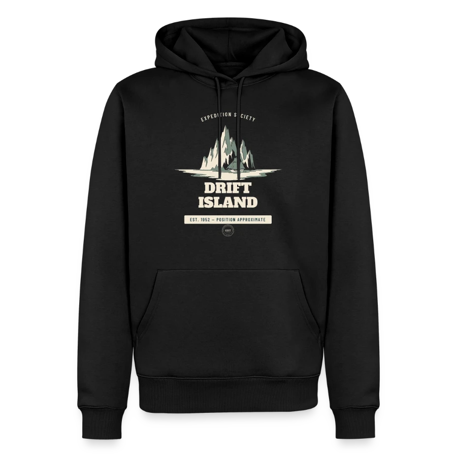Drift Island badge on a men’s premium organic hoodie, black, front