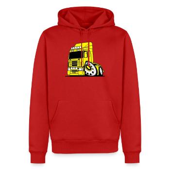 Gelber Truck Cartoon mit Oversized Felge - Männer Premium Bio Hoodie - Rot - Vorne - Nico (187cm)