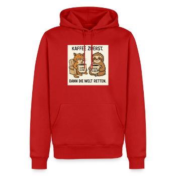 Die Welt retten - Männer Premium Bio Hoodie - Rot - Vorne - Nico (187cm)
