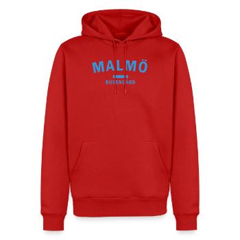 Silhouette graphique de la ville dans les tons bleus - Sweat à capuche Premium bio Homme - rouge - Devant - Nico (187cm)