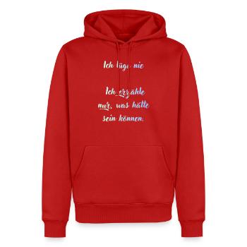 Ich lüge nie, nur Möglichkeiten - Männer Premium Bio Hoodie - Rot - Vorne - Nico (187cm)