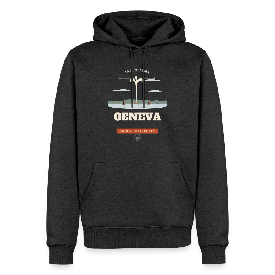 Geneva badge on a men’s premium organic hoodie, heather anthracite