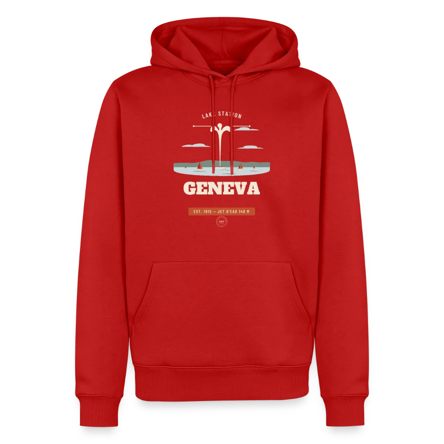 Geneva badge on a men’s premium organic hoodie, red