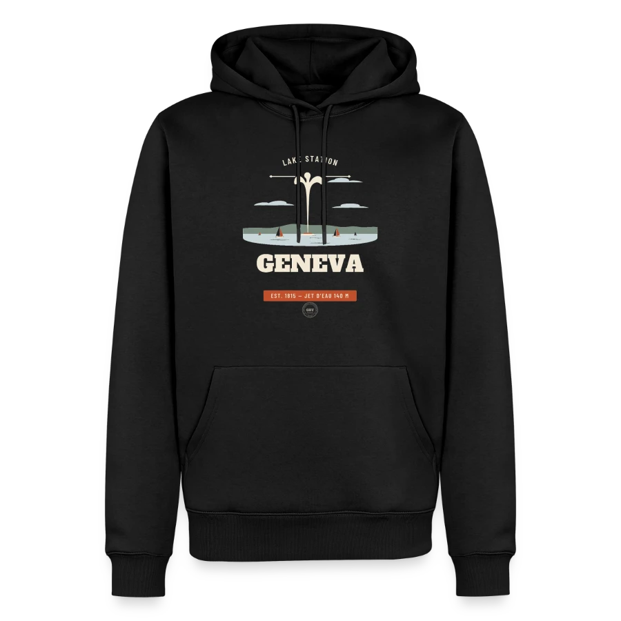 Geneva badge on a men’s premium organic hoodie, black