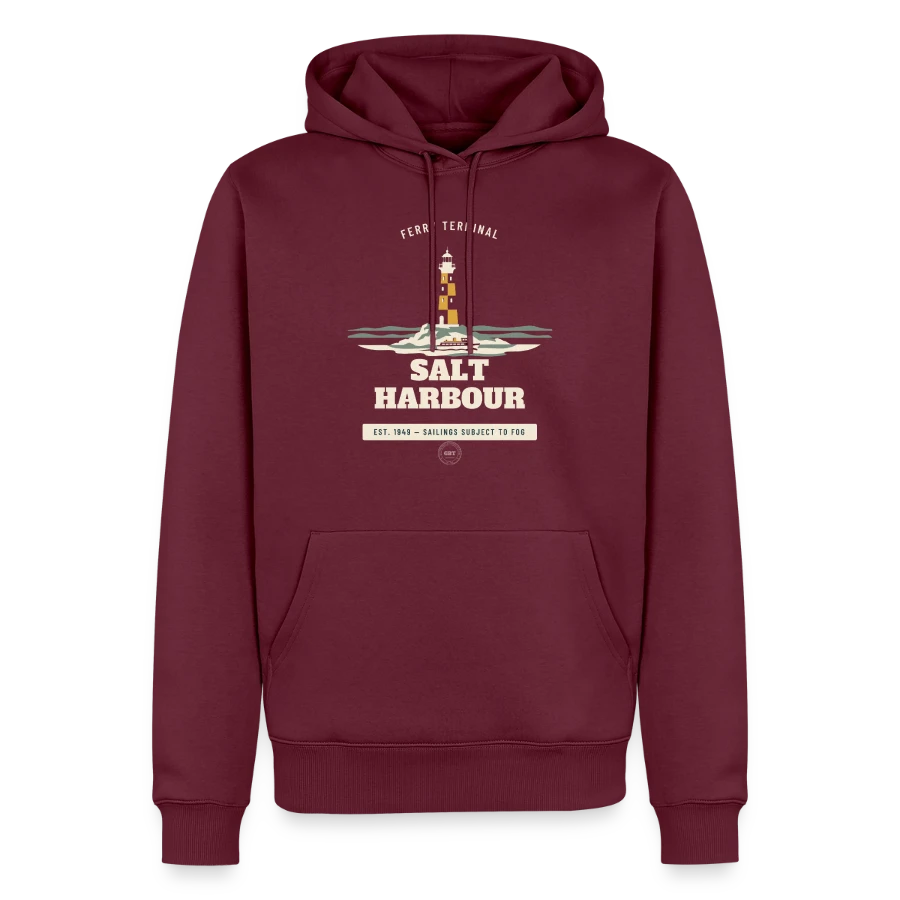 Salt Harbour badge on a men’s premium organic hoodie, burgundy, front