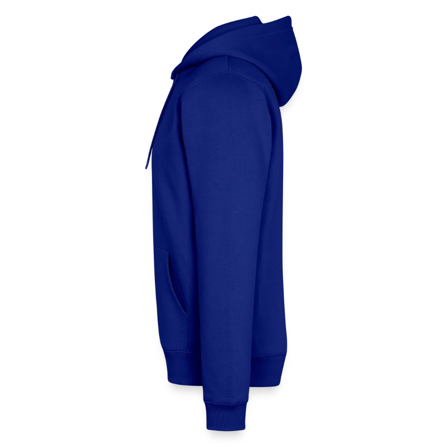 Salt Harbour badge on a men’s premium organic hoodie, royal blue, left