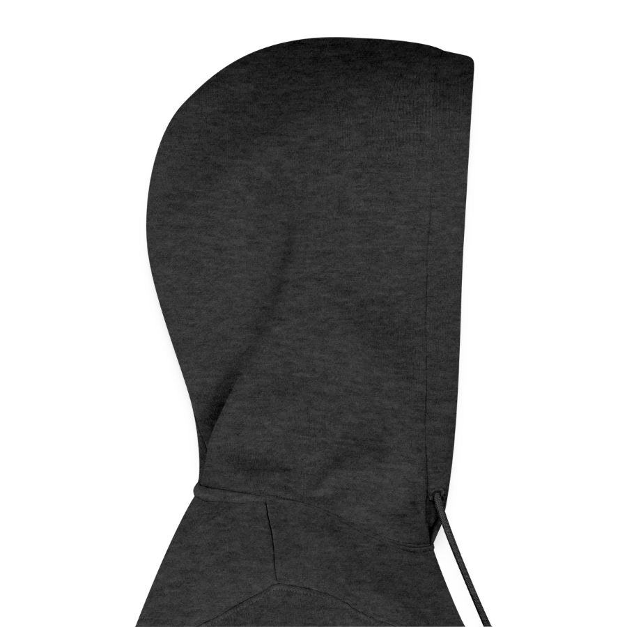 Salt Harbour badge on a men’s premium organic hoodie, heather anthracite, hood right