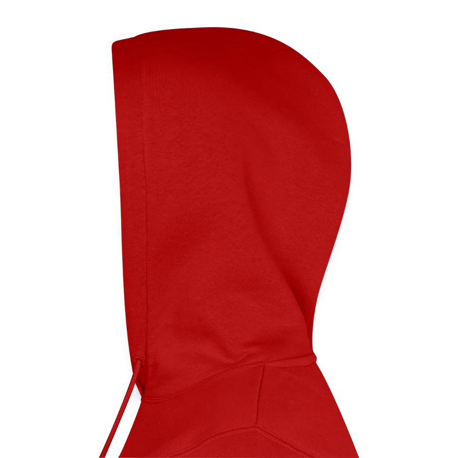 Salt Harbour badge on a men’s premium organic hoodie, red, hood left