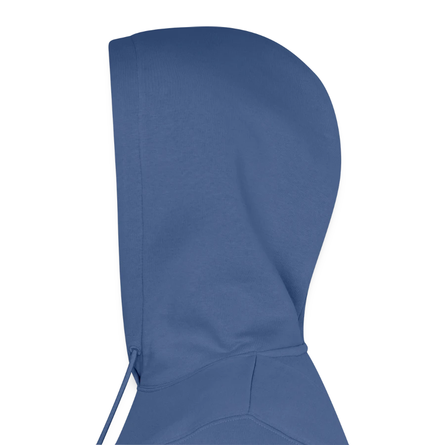 Salt Harbour badge on a men’s premium organic hoodie, stone blue, hood left