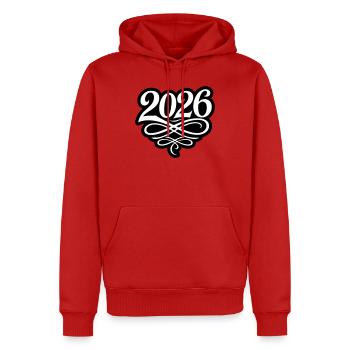 2026 Jahr - Männer Premium Bio Hoodie - Rot - Vorne - Nico (187cm)