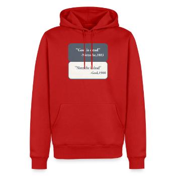 God is Dead - Nietzsche  - Männer Premium Bio Hoodie - Rot - Vorne - Nico (187cm)