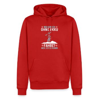 Einrad Warum Ich Ohne Akku Fahre Weil Ich Es Kann - Männer Premium Bio Hoodie - Rot - Vorne - Nico (187cm)