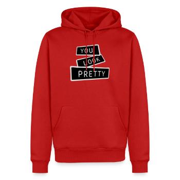 Tu as l’air assez drôle, complément Logo de l’amour de soi - Sweat à capuche Premium bio Homme - rouge - Devant - Nico (187cm)