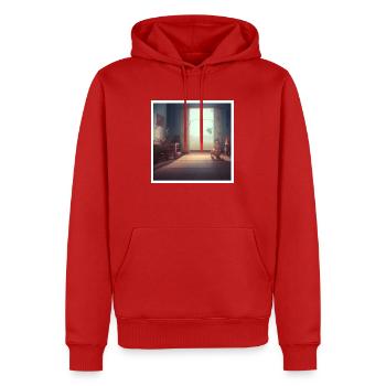 Kind sitzt vor einem großen Fenster - Männer Premium Bio Hoodie - Rot - Vorne - Nico (187cm)