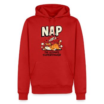 Schlafende Superhelden-Katze – Nap Superpower - Männer Premium Bio Hoodie - Rot - Vorne - Nico (187cm)
