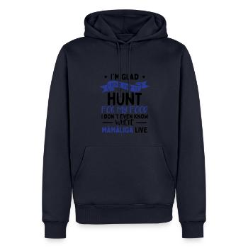 Je ne sais pas où habite Mamaliga - Sweat à capuche Premium bio Homme - bleu marine - Devant - Nico (187cm)