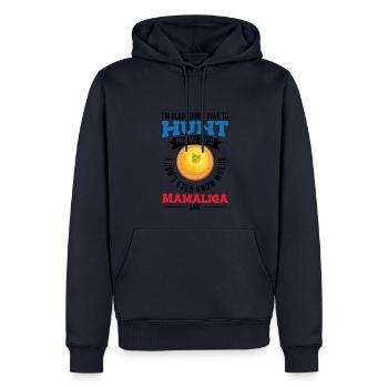 Je ne sais pas où habite Mamaliga - Sweat à capuche Premium bio Homme - bleu marine - Devant - Nico (187cm)