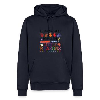 Enseigner J’aime mon travail pour toutes les petites raisons - Sweat à capuche Premium bio Homme - bleu marine - Devant - Nico (187cm)