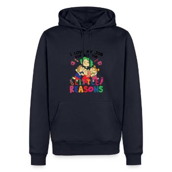 J’aime mon travail pour toutes les petites raisons - Sweat à capuche Premium bio Homme - bleu marine - Devant - Nico (187cm)