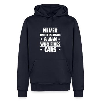 Unterschätze niemals einen Mann, Autos repariert - Männer Premium Bio Hoodie - Navy - Vorne - Nico (187cm)
