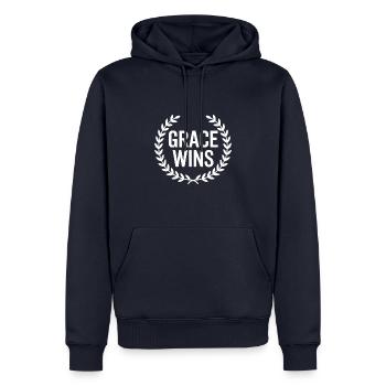 Christian Message: Grace Wins - Men’s Premium Organic Hoodie - navy - Front - Nico (187cm)
