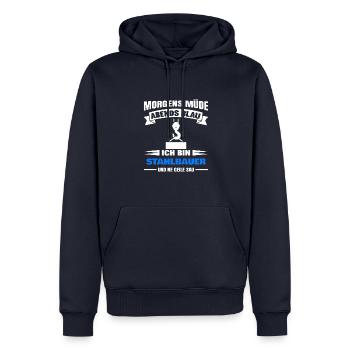 Morgens Müde Abends Blau Stahlbauer - Männer Premium Bio Hoodie - Navy - Vorne - Nico (187cm)