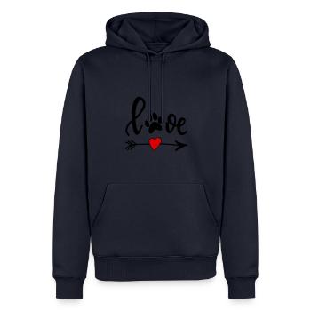 L’amour avec la patte de chien - flèche avec coeur - Sweat à capuche Premium bio Homme - bleu marine - Devant - Nico (187cm)