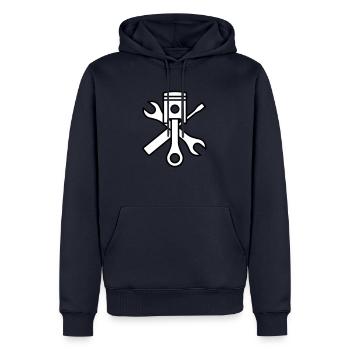 Pistons and tools 2c (+ your text) - Men’s Premium Organic Hoodie - navy - Front - Nico (187cm)