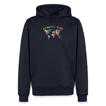 Die Welt ist bunt Sei Stolz auf dich - Männer Premium Bio Hoodie - Navy - Vorne - Nico (187cm)
