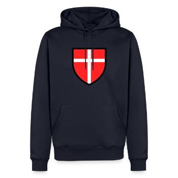 Blason croix blanche sur fond rouge - Sweat à capuche Premium bio Homme - bleu marine - Devant - Nico (187cm)