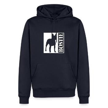 Boston Terrier Bostie Graphique avec lettrage - Sweat à capuche Premium bio Homme - bleu marine - Devant - Nico (187cm)