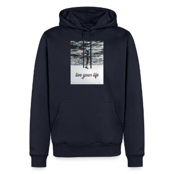Belle rengaine - Live your life - Sweat à capuche Premium bio Homme - bleu marine - Devant - Nico (187cm)