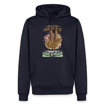 Wir Hippies wollen Liebe und Frieden - Männer Premium Bio Hoodie - Navy - Vorne - Nico (187cm)