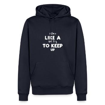 Je grimpe comme une fille j’essaie de suivre - Sweat à capuche Premium bio Homme - bleu marine - Devant - Nico (187cm)